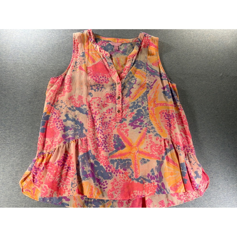 Lilly Pulitzer Silk Starfish Coral Print Sleeveless Ruffle Hem Blouse Pink L